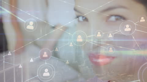 Digital Network Overlay with Caucasian Woman Smiling