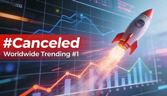 Retro Rocket Launching Over Data Charts with #Canceled Trending Banner and Analytics