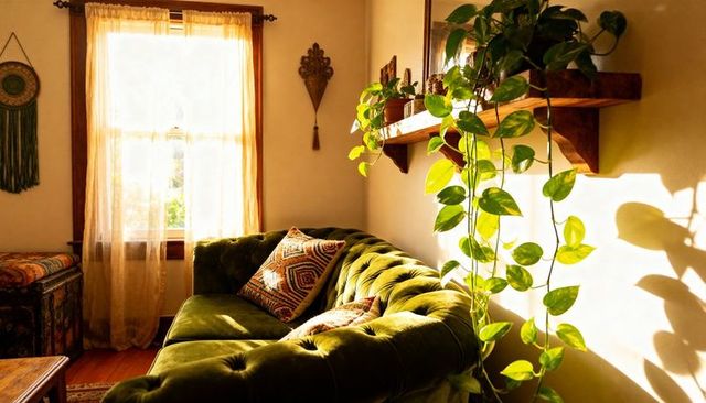 Basking emerald velvet sofa soaking golden light with trailing pothos and textured pillows