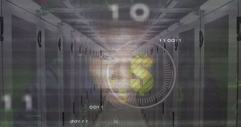 Futuristic server room with digital binary and dollar sign overlay