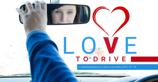 This image is ideal for automotive brands, driving schools, car insurance companies, and travel blogs to convey themes of passion for driving, safe driving practices, and vehicle enjoyment. The creative combination of the woman's eyes in the rearview mirror and the 'Love to Drive' text with a heart symbol makes it perfect for promotional campaigns aiming to attract customers who have a passion for automobiles.