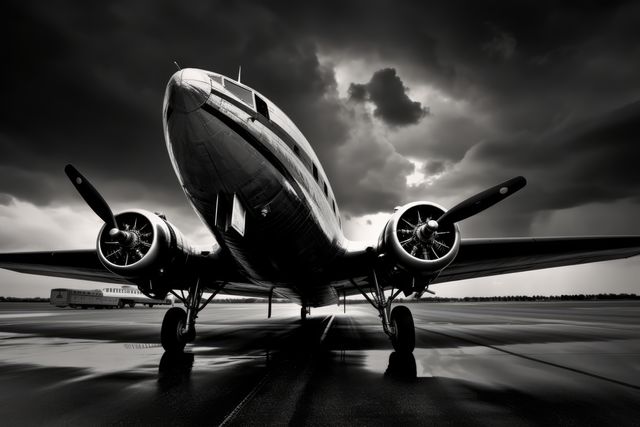 A classic propeller airplane on a wet runway under an ominous and stormy sky. This black and white composition emphasizes the dramatic lighting and historical aspect of aviation. Ideal for use in aviation history features, dramatic storm-themed posters, educational materials, and background imagery for transportation and travel content.