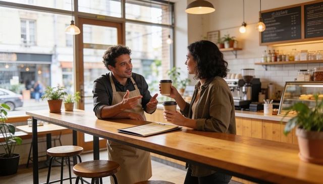 Friendly barista chatting with customer over takeaway coffee at cozy local cafe counter