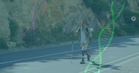 Man Walking with Prosthetic Limbs Amidst DNA Strand Overlay