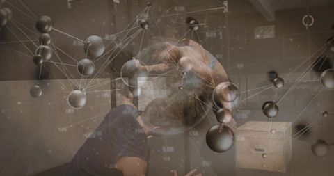 Partner lifting and performing acrobatics in gym with futuristic molecular network overlay