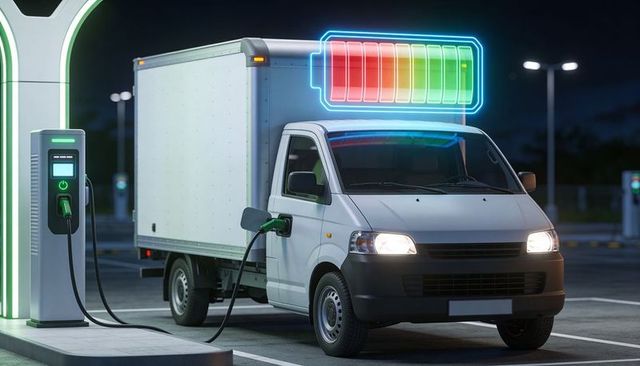 Electric delivery van charging at night under canopy with neon battery hologram