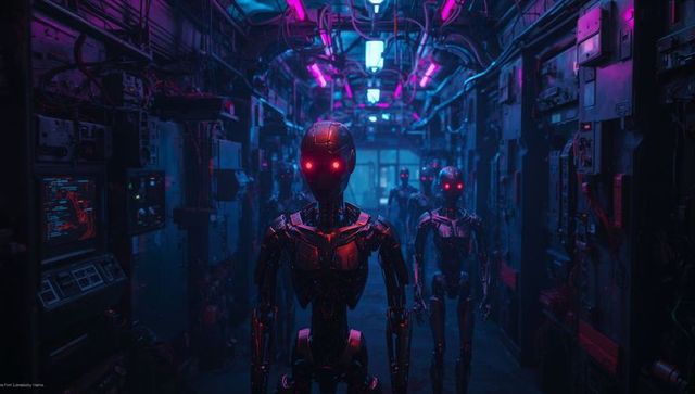 Robotic controllers in high-tech hallway with neon lighting