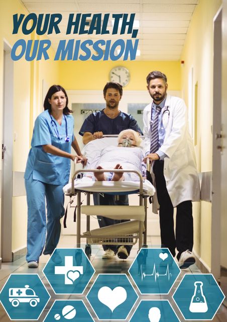 Shows medical professionals transporting her on a hospital bed. Useful for healthcare ads demonstrating urgency and care. Ideal for promoting medical services, hospitals, patient care, and healthcare teamwork.