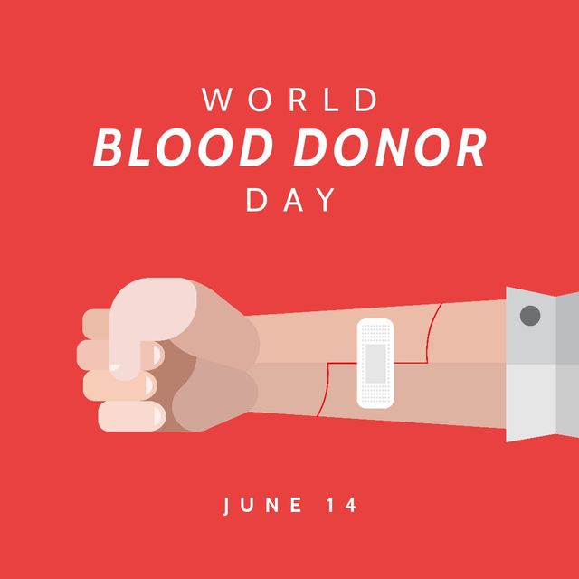Digital composite image of world blood donor day text on hand with blood tube over red background. vector, healthcare and awareness campaign concept.