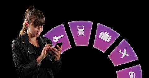 Woman Using Smartphone with Travel Icons on Black Background