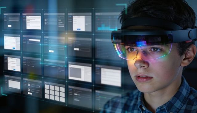 Teen exploring mixed reality interface wearing iridescent ar visor with holographic panels
