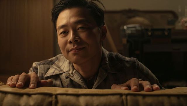 Asian man leaning over sofa in warm vintage living room, wearing plaid shirt and ring