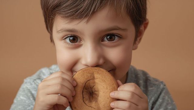 Smiling child holding cookie close to face with sparkling brown eyes closeup portrait