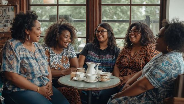 Five african american women chatting and laughing over tea in cozy sunlit cafe celebrating friendshi