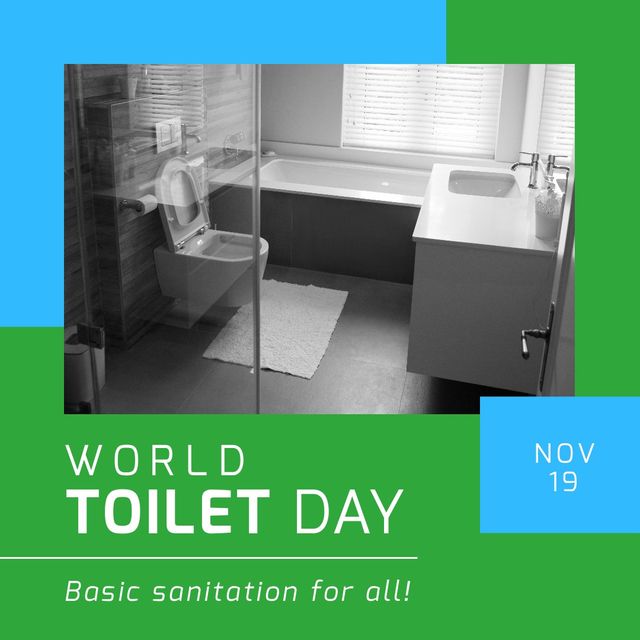 Square image of world toilet day and sanitation text on green and toilet in modern bathroom. World toilet day, global sanitation crisis awareness concept digitally generated image.