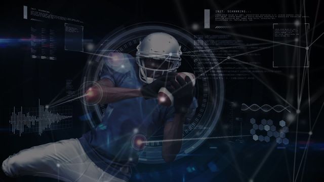 African American football player shown in the middle of the game, surrounded by futuristic digital visualizations and data. Connections and data points are visible, giving a sense of real-time analytics. Useful for concepts related to sports technology, performance analysis, AI in sports, and data processing in athletic performance.