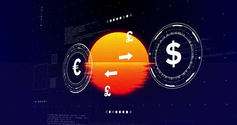 Futuristic digital currency exchange hud with glowing orb, dollar, euro, pound icons