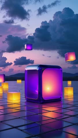 Vertical video of glowing purple and yellow cubes drifting over reflective lake grid at dusk