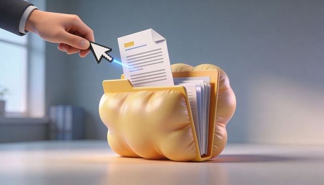 Business hand pointing pixel cursor selecting plush yellow folder with glowing document