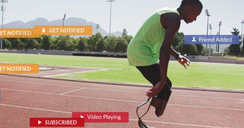 Tired athlete with race track notifications and digital elements