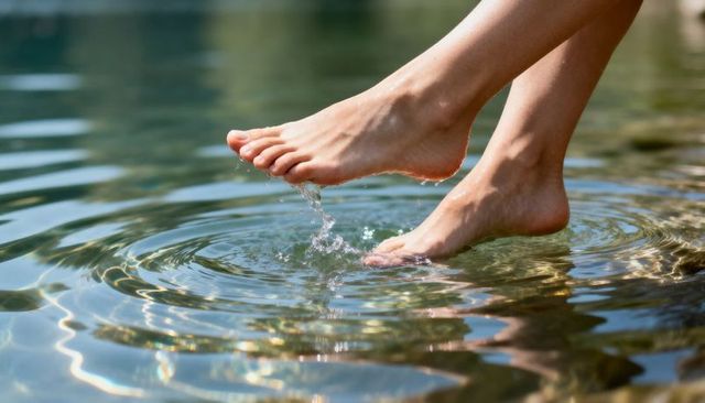 Sunlit feet skimming clear lake water, creating ripples, droplets and soft reflections