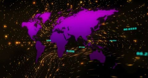 Futuristic world map with digital data flow visualization