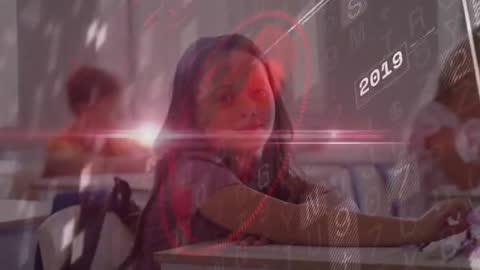 Schoolgirl Engaged in Learning with Digital Timeline Overlay Display