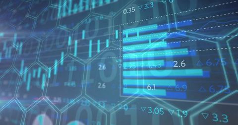 Futuristic Digital Analytics Interface with Hex Grid and Binary Code