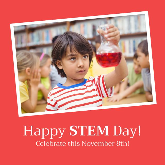 Composition of happy stem day text and photo of biracial boy holding laboratory beaker at school. Stem day, science and research concept.