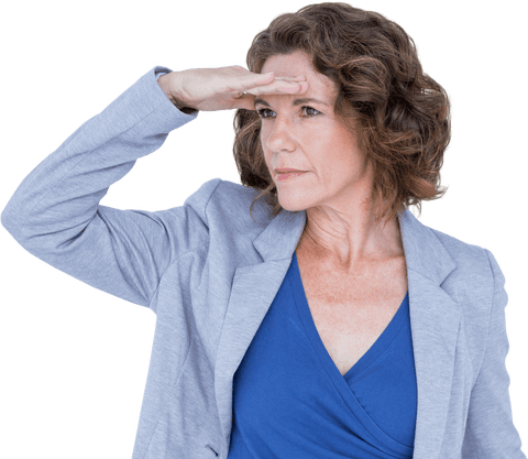 This transparent background image shows a professional woman with curly hair shielding her eyes as if looking into the distance. Dressed in a grey blazer and blue blouse, she appears thoughtful and engaged, conveying exploration and curiosity. Ideal for use in business presentations and marketing materials that focus on vision, foresight, and strategic planning.