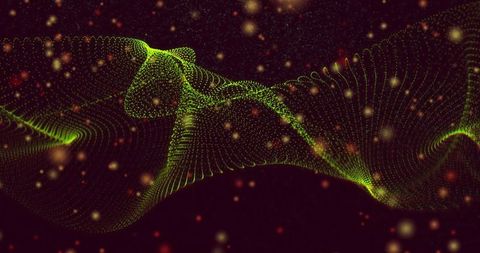 Flowing green mesh with particles in futuristic digital void