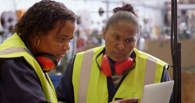 Two Female Factory Workers Collaborating in Industrial Setting - Download Free Stock Images Pikwizard.com