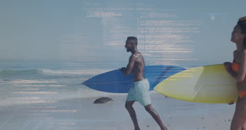 Friends Surfing with Financial Data Overlay at Beach