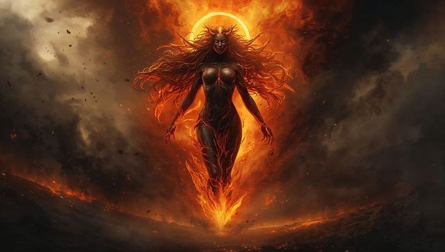 Fiery Goddess Levitation Over Lava in Mythical Landscape