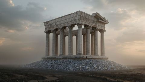 Ruined classical temple standing on cracked plain with fluted columns and pediment