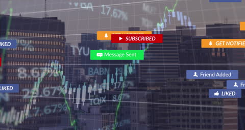 Digital Notifications Overlaying Cityscape: Business & Social Media Concepts