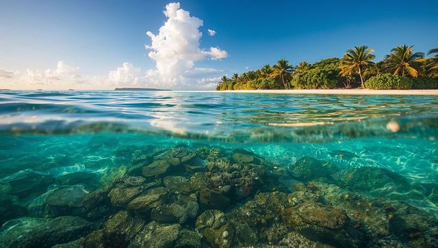Revealing coral reef through split waterline in turquoise tropical lagoon with palm trees