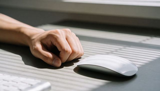 Right hand resting beside white wireless mouse on desk with striped blinds casting shadows