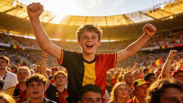 Teen fan celebrating on shoulders in sunlit stadium wearing belgium jersey, cheering crowd