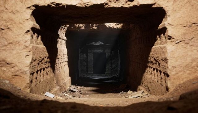 Framing ancient rockcut corridor revealing carved lintel and dark portal with sunbeam