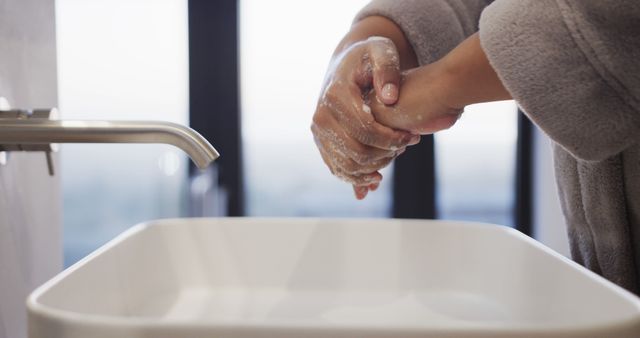 Close-Up of Hands Washing with Soap in Modern Bathroom - Download Free Stock Images Pikwizard.com