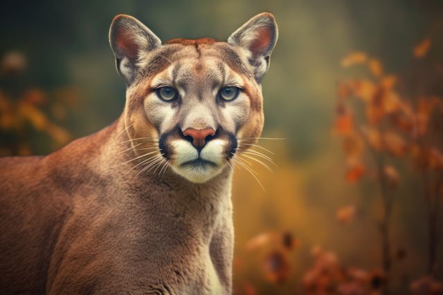 A majestic mountain lion stands alert in the wild. Its piercing gaze and muscular build showcase the predator's natural grace and power.