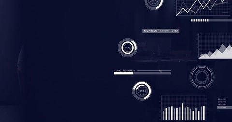 Futuristic Data Dashboard HUD Projecting Timers, Charts, Widgets on Dark Office Background