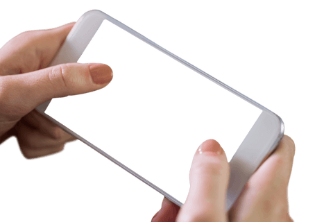 Transparent smartphone in hands on isolated background with copy space