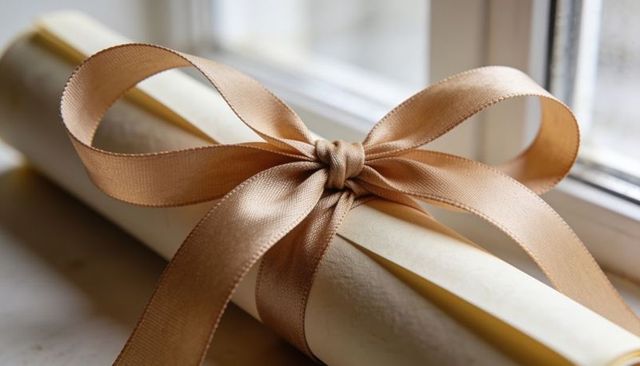 Cream diploma roll resting on window sill tied with champagne satin ribbon and gold trim