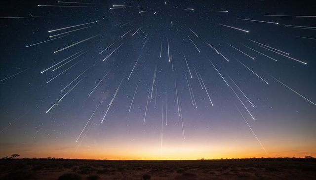 Meteor shower radiating over desert twilight with milky way horizon glow