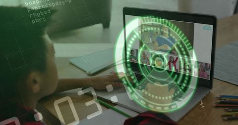 Elementary student joining virtual classroom on laptop with holographic hud overlay