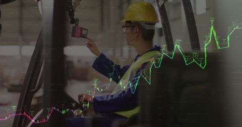 Warehouse worker operating forklift with financial data overlay