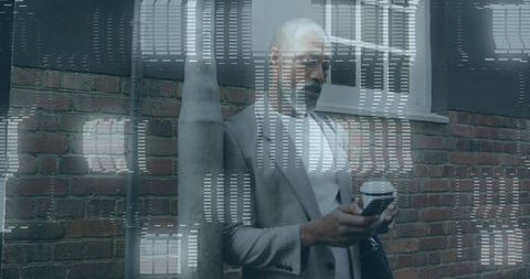 Senior executive using smartphone kdrama cityscape