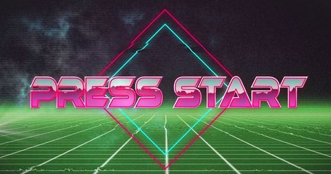 Retro-Futuristic Press Start Screen with Neon Grid